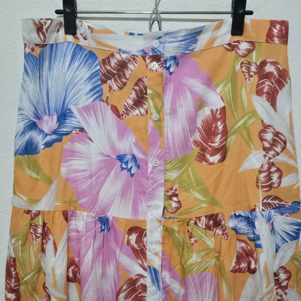 NEVER A WALLFLOWER Tropical Print Tiered Maxi Skirt Button Down Cotton Size XL - Picture 3 of 10